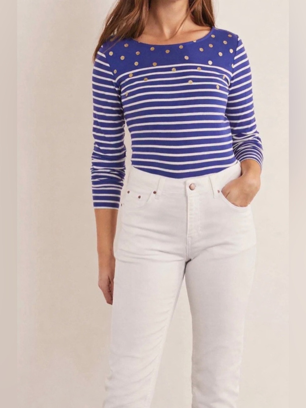 Boden Top Striped Polka Dot Blue‎ White Gold Long Sleeve Cotton Shirt Sz 14